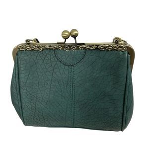 Vintage Inspired Green Vegan Leather Kiss Lock Floral Accented Crossbody Purse
